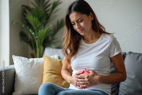 A Woman at Home, Grimacing in Pain and Holding Her Bloated Stomach: A Portrait of Discomfort and Frustration