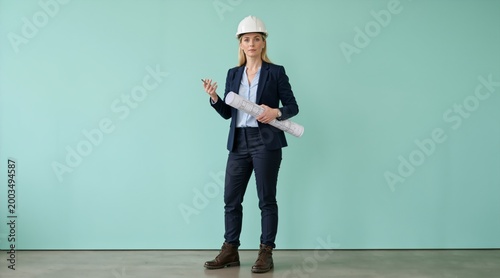 Full length portrait of a female architect in a suit and white hard hat holding blueprints. Confident woman engineer standing against a teal background. Copy space for text