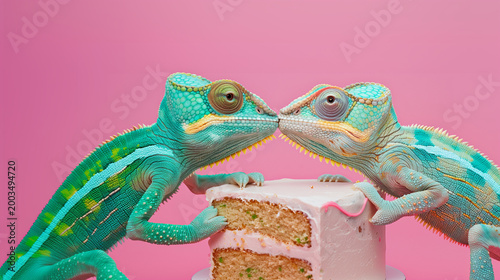 Two colorful chameleons sharing a cake in a playful kiss moment, surreal minimal scene with vibrant pink background, perfect for love concepts and creative branding