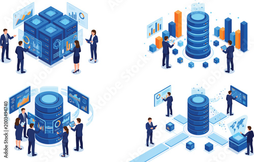 Naklejka Isometric Big Data Analytics and Cloud Database Infrastructure Illustration Set with Business Intelligence Server Management Concepts