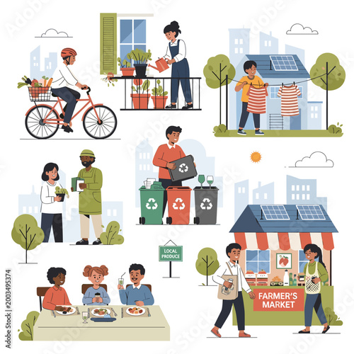 Various scenes illustrating sustainable urban living practices and eco-friendly activities like recycling, gardening, cycling, and shopping at a farmer's market.