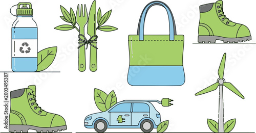 Eco-friendly lifestyle set, green and blue