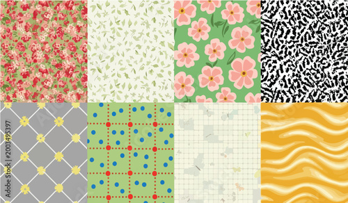 Eight pattern swatch collection, floral, geometric, and textured backgrounds