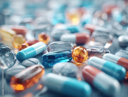 Assorted capsules and gel pills in a creative macro layout. Symbolizing modern healthcare, pharmacological innovation, personalized medicine, and wellness.
