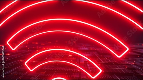 Red Neon Wi-fi Signal Waves Expanding on Digital Circuit Board