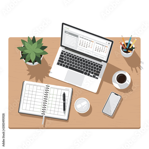 A top-down view of a modern office desk setup with a laptop, planner, coffee, and plant, ready for work or scheduling.
