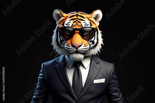 Stylish Tiger: Dressed to Impress in a Suit and Tie with Sunglasses on a Dark Background