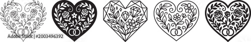 Set of five different heart icons with floral and wedding ring designs featuring minimal thin lines bold solid silhouettes geometric shapes and decorative rounded outlines for romantic art Vector