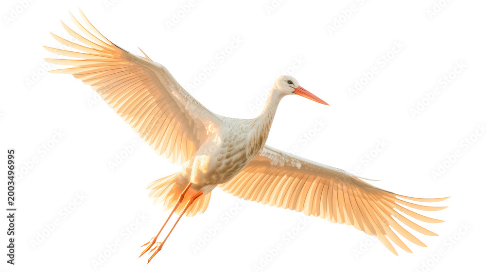 Fototapeta premium Majestic white stork with glowing wings gracefully soaring through the sky on transparent background