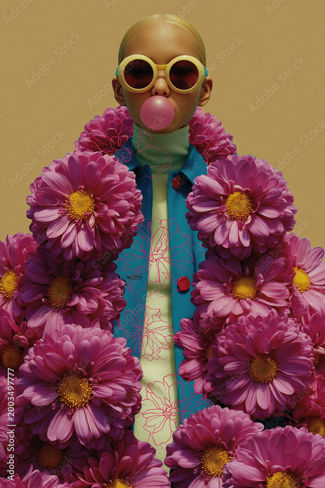 Fototapeta premium Fashion forward: vibrant floral coat and retro sunglasses with bubblegum twist