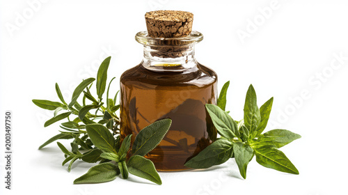 A small bottle of natural essential oil with a cork stopper is surrounded by fresh green herbs on a clean white surface, showcasing organic wellness practices.