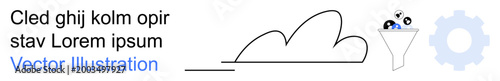 Data sorting, technology, cloud computing, automation, digital infrastructure, data management. Funnel filtering icons entering cloud outline with settings cog nearby. Cloud computing and data