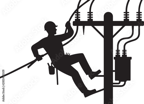 electrician working on high voltage power line in black and white silhouette