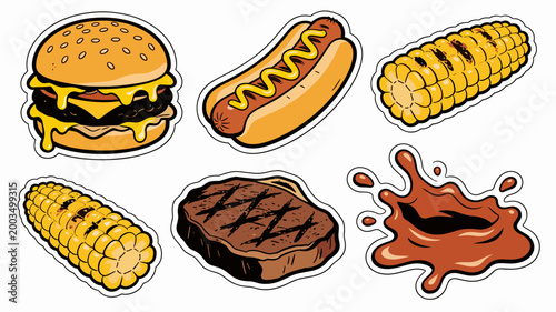 A colorful cartoon illustration of a burger with melting cheese and a cob of corn. Ideal for food blogs, menus, or playful branding projects, conveyin