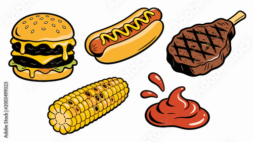 A vibrant illustration of a juicy burger with melting cheese and a corn on the cob. Perfect for food blogs, restaurant promotions, or cheerful website
