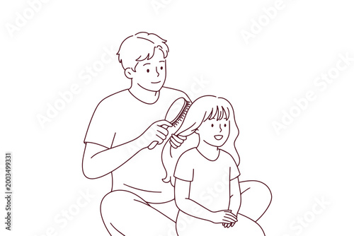 Coloring page of a father gently brushing his daughter's long hair. Black and white line art concept for father-daughter bonding and daily morning hygiene. Happy Father's Day