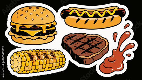 A vibrant illustration of a cheeseburger and corn on the cob, perfect for food blogs, menu designs, or advertising fast food and summer meals. Evokes 