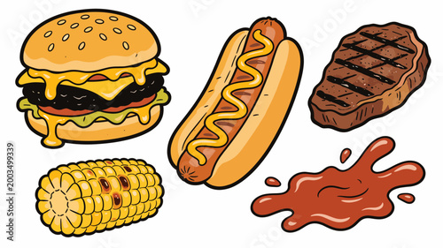 A vibrant, illustrative image featuring a cheeseburger with dripping cheese and a corn on the cob. Ideal for food blogs, menus, or advertising fast fo