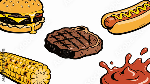 A vibrant illustration featuring a juicy burger and a corn on the cob. Perfect for food blogs, restaurant promotions, or culinary-themed content, evok