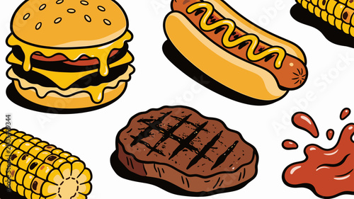 A vibrant, illustrated image showcasing a cheesy burger and a cob of corn. Perfect for food blogs, menus, or representing summer dining experiences.