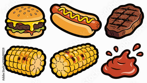 A vibrant illustration of a classic cheeseburger and a corn on the cob, ideal for food blogs, restaurant marketing, or culinary-themed designs. The im