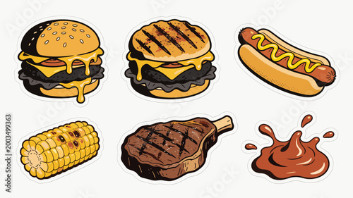 A vibrant illustration of a juicy burger with melting cheese and a delicious corn on the cob. Perfect for food blogs, menus, or advertising summer din