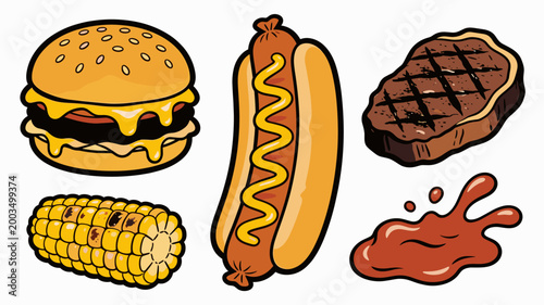 A vibrant illustration depicting a juicy burger with melted cheese and a golden corn on the cob. Perfect for food blogs, restaurant menus, or advertis