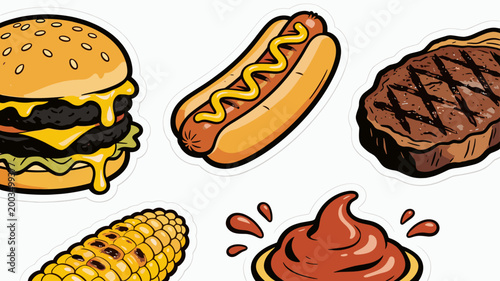 A vibrant, stylized illustration of a classic burger with melting cheese and a golden ear of corn. Perfect for food blogs, restaurant menus, or convey