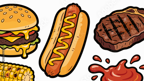 A vibrant and inviting illustration of a juicy burger with melting cheese and a golden ear of corn. Perfect for food blogs, menus, or advertising fast