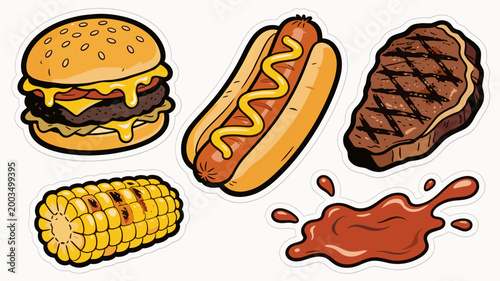 A vibrant, stylized illustration featuring a juicy cheeseburger and a golden corn on the cob, perfect for food blogs, menus, or advertising fast food 