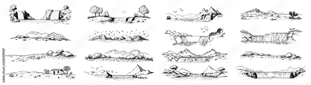 Fototapeta premium Landscape and nature scenery icon set, vintage mountains waterfalls and rivers collection, engraved outdoor panorama illustrations