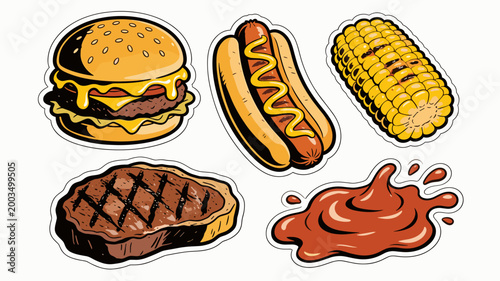 A vibrant illustration of a juicy burger and perfectly grilled steak. Ideal for restaurant menus, food blogs, or advertising related to dining and ind