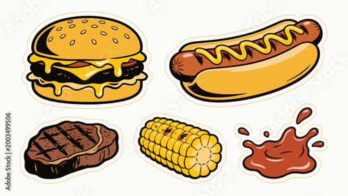 A vibrant illustration featuring a juicy burger and a grilled steak, perfect for restaurant menus, food blogs, or advertising campaigns. This image ev