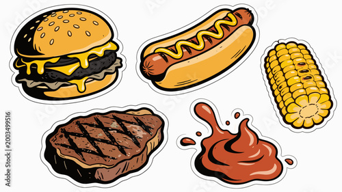 A vibrant, stylized illustration depicting a cheeseburger and a grilled steak. Perfect for food blogs, restaurant menus, or advertising campaigns, evo