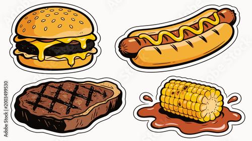 A vibrant illustration featuring a juicy burger and perfectly grilled steak. Ideal for food blogs, restaurant menus, or marketing materials related to