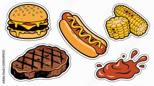 A vibrant illustration featuring a juicy burger and a perfectly grilled steak. Ideal for menus, food blogs, or advertising campaigns focused on delici
