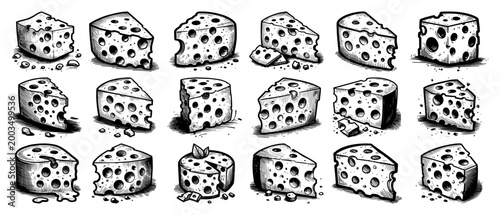 Cheese pieces and wedges icon set, vintage dairy product line art illustrations, swiss cheese with holes engraving collection