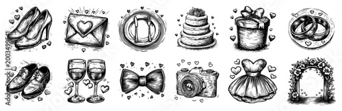 Wedding and romance icon collection, vintage marriage ceremony elements line art, romantic celebration set with rings cake and dress