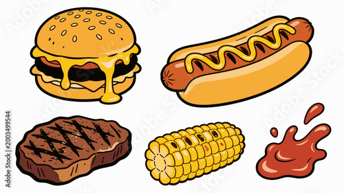 A vibrant, stylized illustration of a burger and a steak, evoking feelings of indulgence and appetite. Perfect for restaurant menus, food blogs, or ad