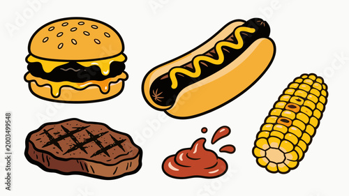 A playful illustration of a cheeseburger and grilled steak. Ideal for food blogs, restaurant marketing, or menu design, evoking feelings of appetite a