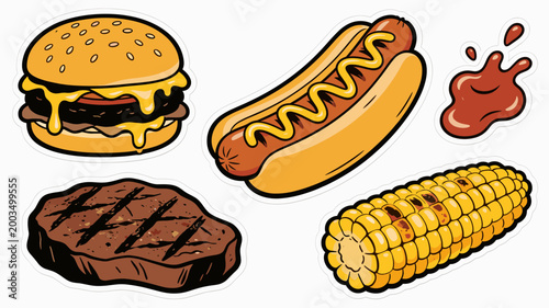 A vibrant, stylized illustration of a cheeseburger and grilled steak. Perfect for restaurant menus, food blogs, or marketing materials showcasing deli