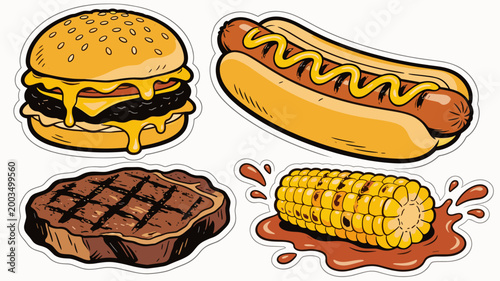 A vibrant, stylized illustration of a juicy burger and a perfectly grilled steak. Ideal for menus, food blogs, or marketing materials relating to rest