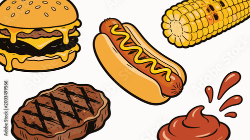 A vibrant illustration of a juicy burger and grilled steak. Perfect for food blogs, restaurant menus, or advertising campaigns related to dining and f