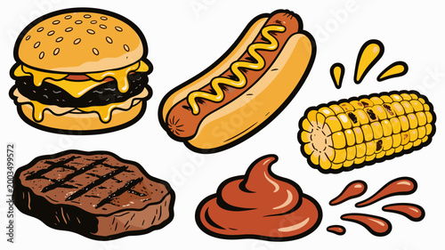 Slika na platnu A vibrant, cartoon-style illustration depicting a juicy burger and grilled steak