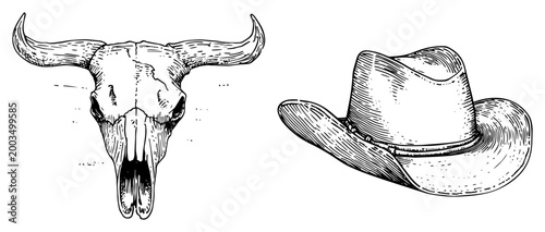Wild West cowboy hat and bull skull illustration, vintage western desert symbols line art, ranch engraving set