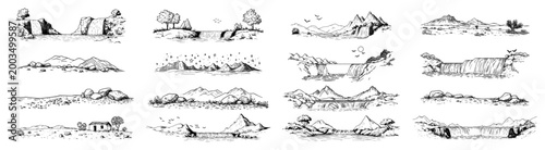 Landscape and nature scenery icon set, vintage mountains waterfalls and rivers collection, engraved outdoor panorama illustrations