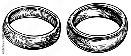 Two wooden rings jewelry line art illustration, engraved rustic bands, vintage organic wedding ring design