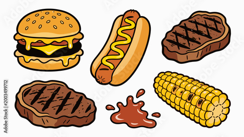 A vibrant illustration of a classic burger and a juicy patty, perfect for food blogs, restaurant menus, or fast-food advertising. It evokes feelings o