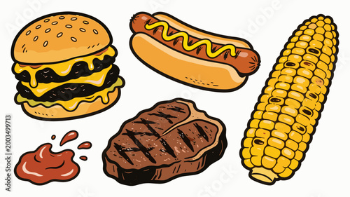A vibrant illustration of a juicy burger with melting cheese and a splash of ketchup. Perfect for food blogs, restaurant promotions, or illustrating f