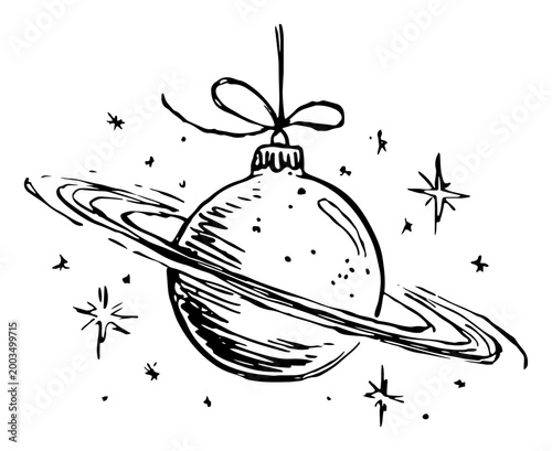 Planet Saturn as Christmas bauble ornament with stars, creative cosmic holiday decoration line art illustration, celestial festive engraving